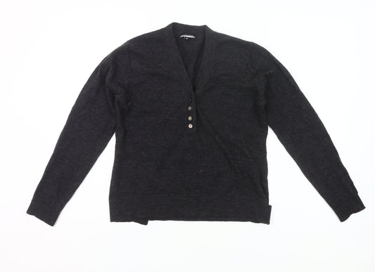 Austin Reed Womens Black Wool Henley Jumper Size M V-Neck Long Sleeve