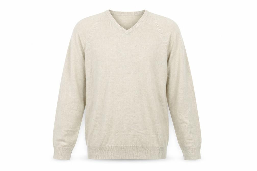 Front view of BH Men’s Beige V-Neck jumper Medium Acrylic Knit