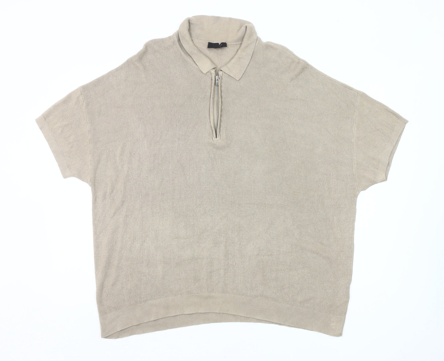 New Look Men’s Beige 2XL Collared Half Zip Short Sleeve Jumper