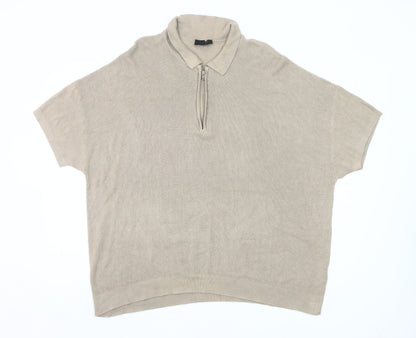 New Look Men’s Beige 2XL Collared Half Zip Short Sleeve Jumper