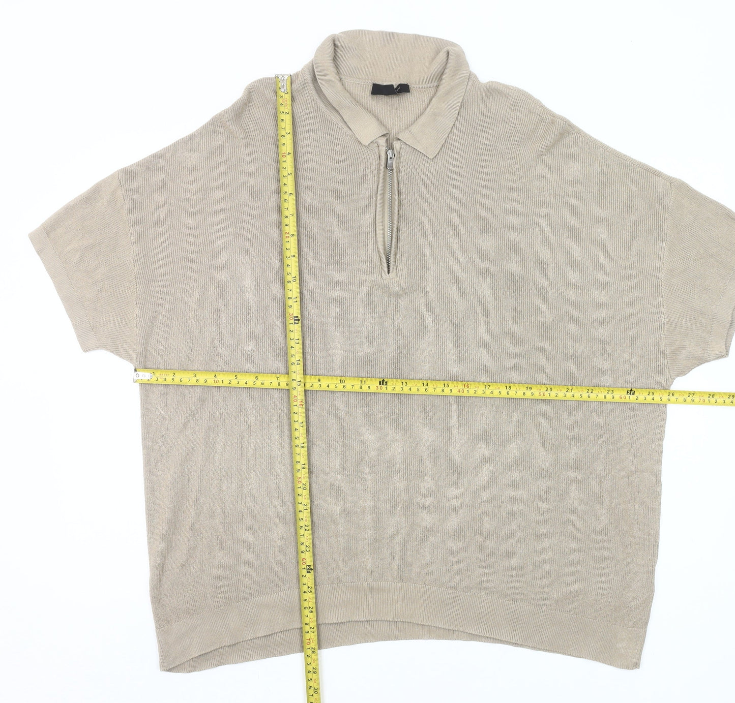 New Look Men’s Beige 2XL Collared Half Zip Short Sleeve Jumper