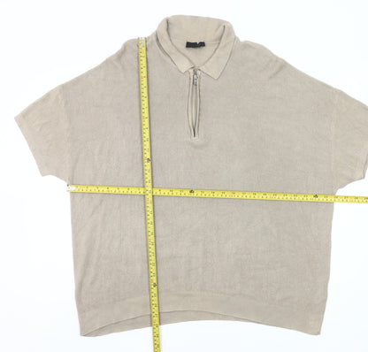 New Look Men’s Beige 2XL Collared Half Zip Short Sleeve Jumper