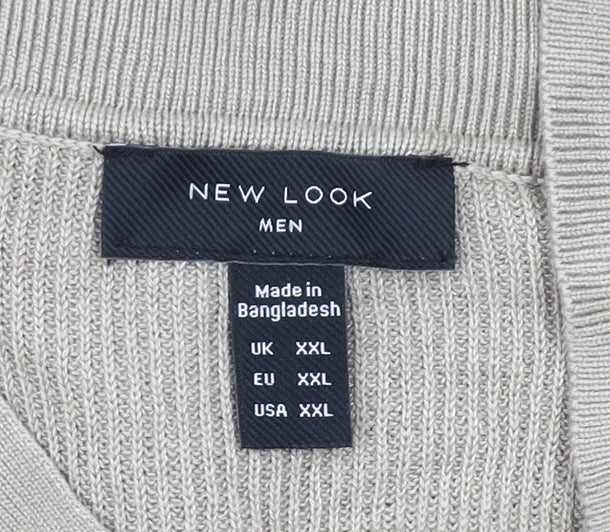 New Look Men’s Beige 2XL Collared Half Zip Short Sleeve Jumper