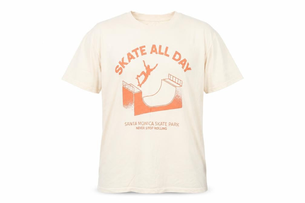 Front view of Dunnes boys’ beige skate graphic t-shirt, size L, 85cm