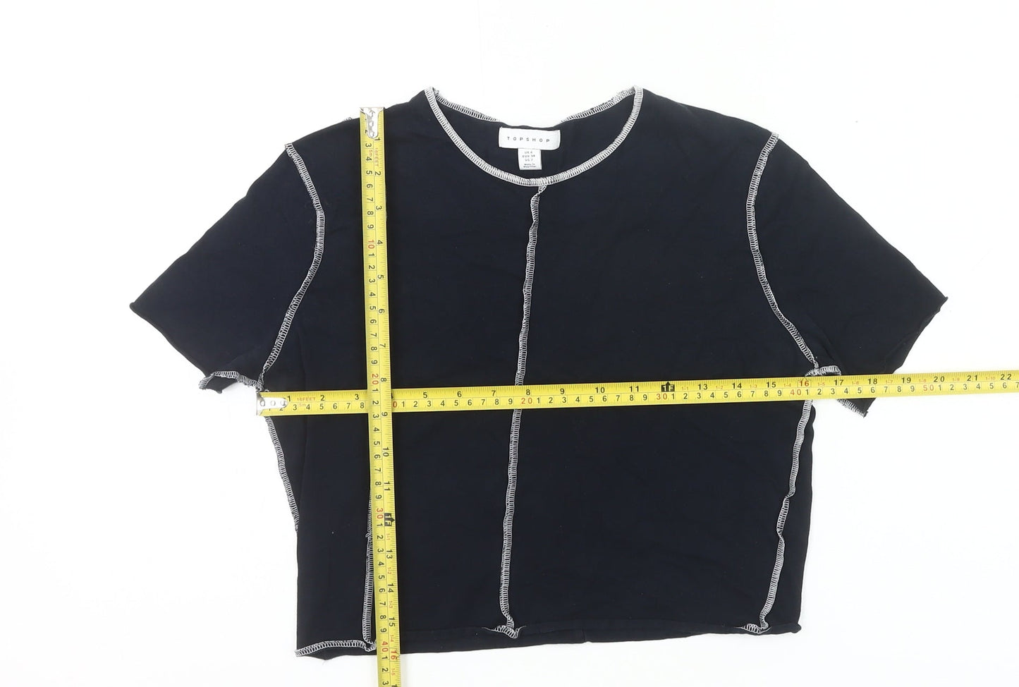 Topshop Women’s Black Cropped Cotton T-Shirt UK 6 Slim Fit