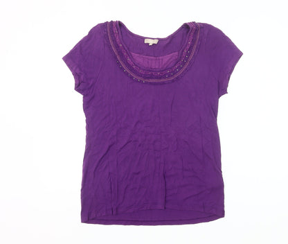 Soon Womens Purple Beaded Scoop Neck Short Sleeve T-Shirt Size 16