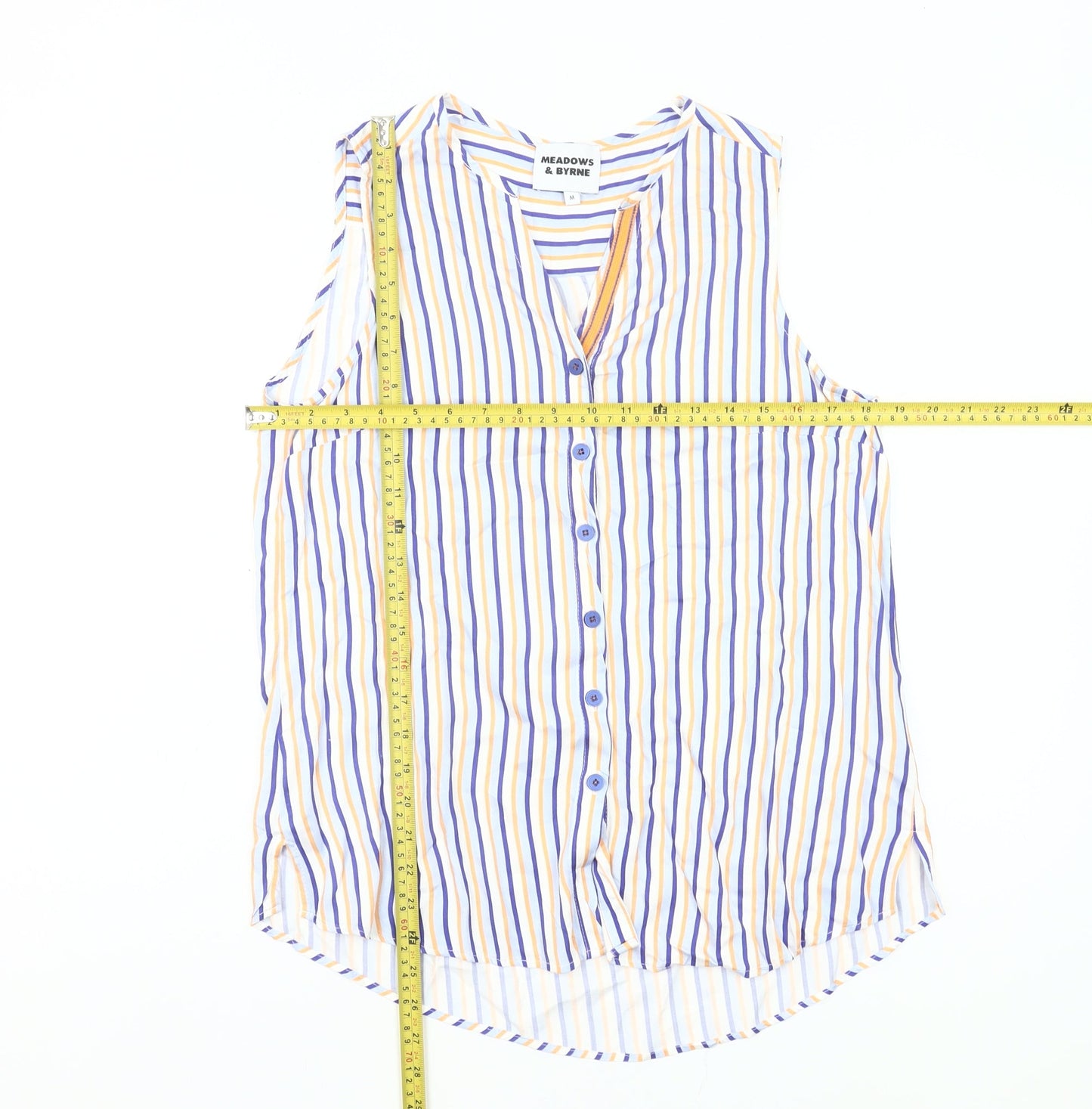 Meadows & Byrne Women’s Multicoloured Striped Sleeveless Viscose Button-Up Shirt Top M