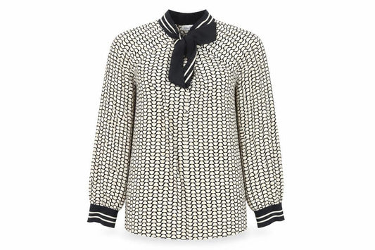 Front view of Gallery women’s ivory black bow neck long sleeve blouse uk 8