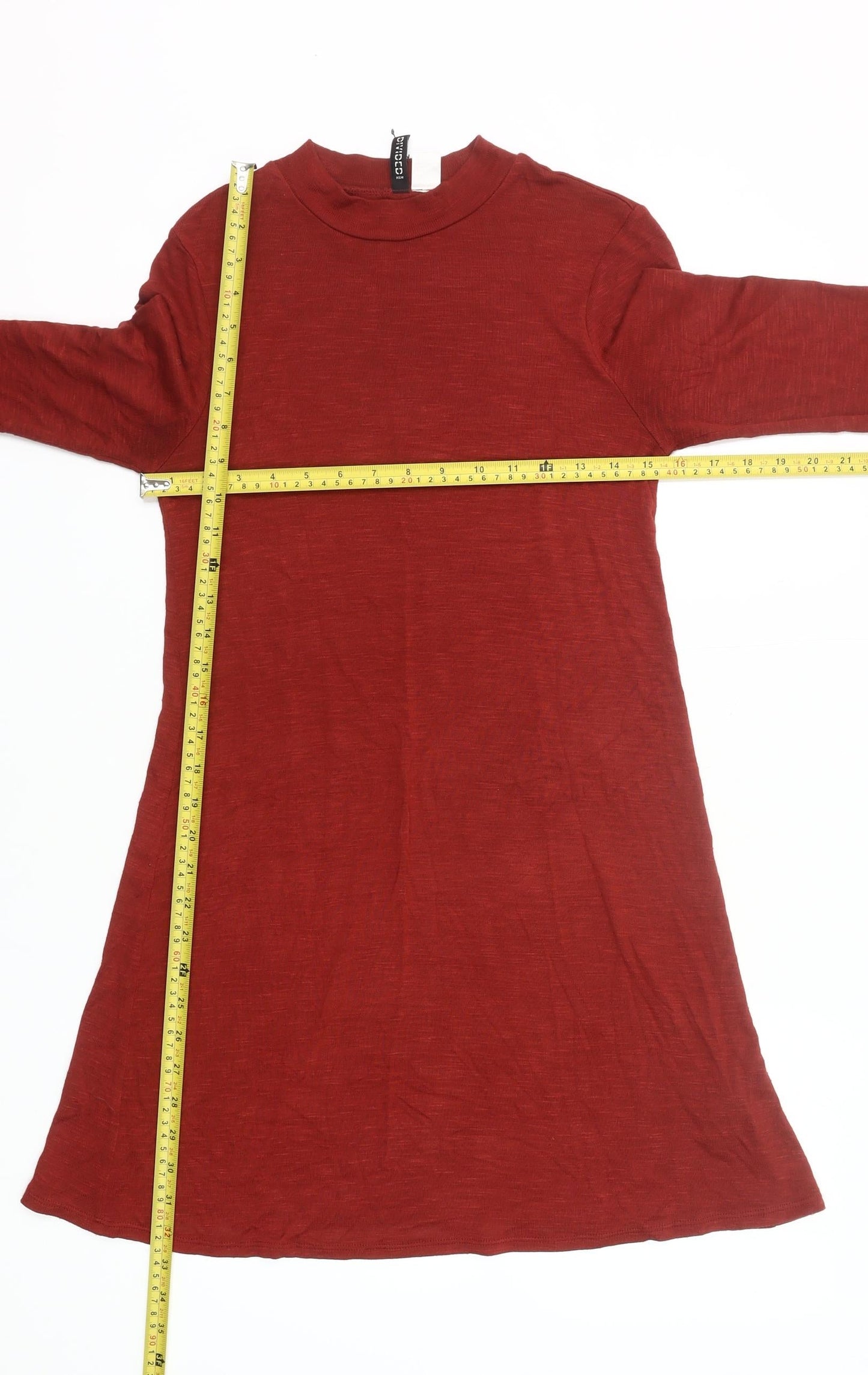 H&M Women Red High Neck A-Line Dress Size 6 Long Sleeve