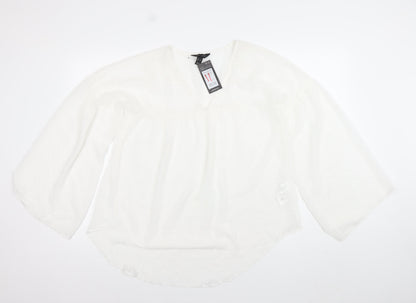 New Look Women’s White 3/4 Sleeve V-Neck Tunic Blouse Size 8