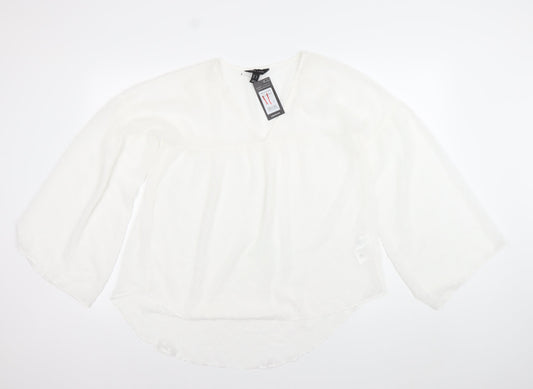 New Look Women’s White 3/4 Sleeve V-Neck Tunic Blouse Size 8