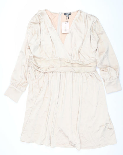 Missguided Plus Beige Wrap Dress UK 22 Women’s Knee Length Pleated V-Neck