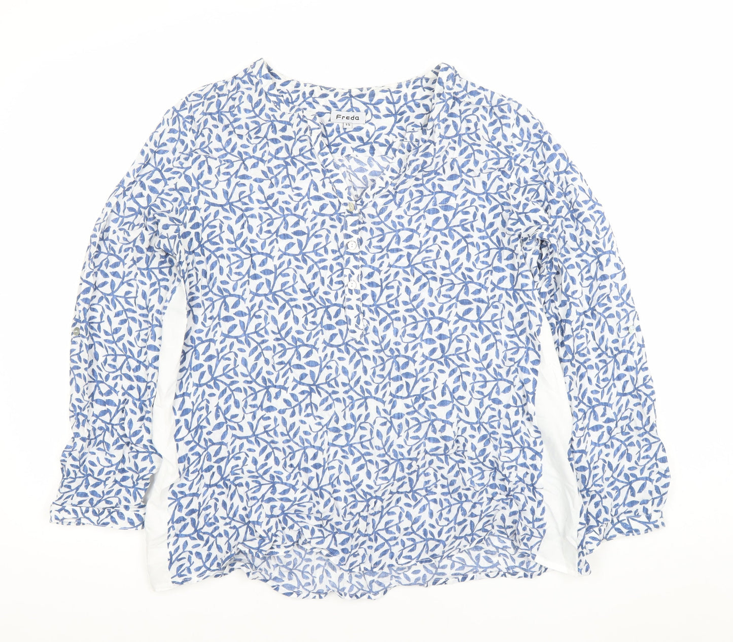 Freda Womens Blue Floral Cotton Long Sleeve Tunic Blouse Size 15