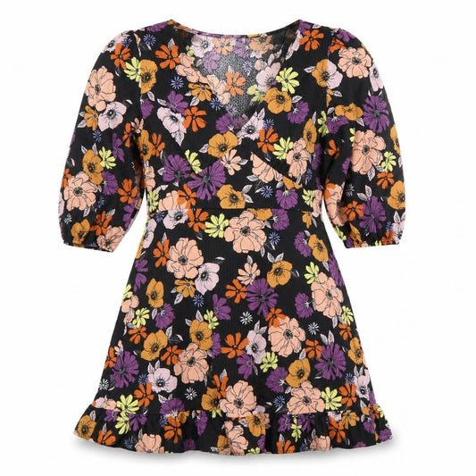 Front view of Dorothy Perkins Petite Black Floral Wrap Dress, size 12