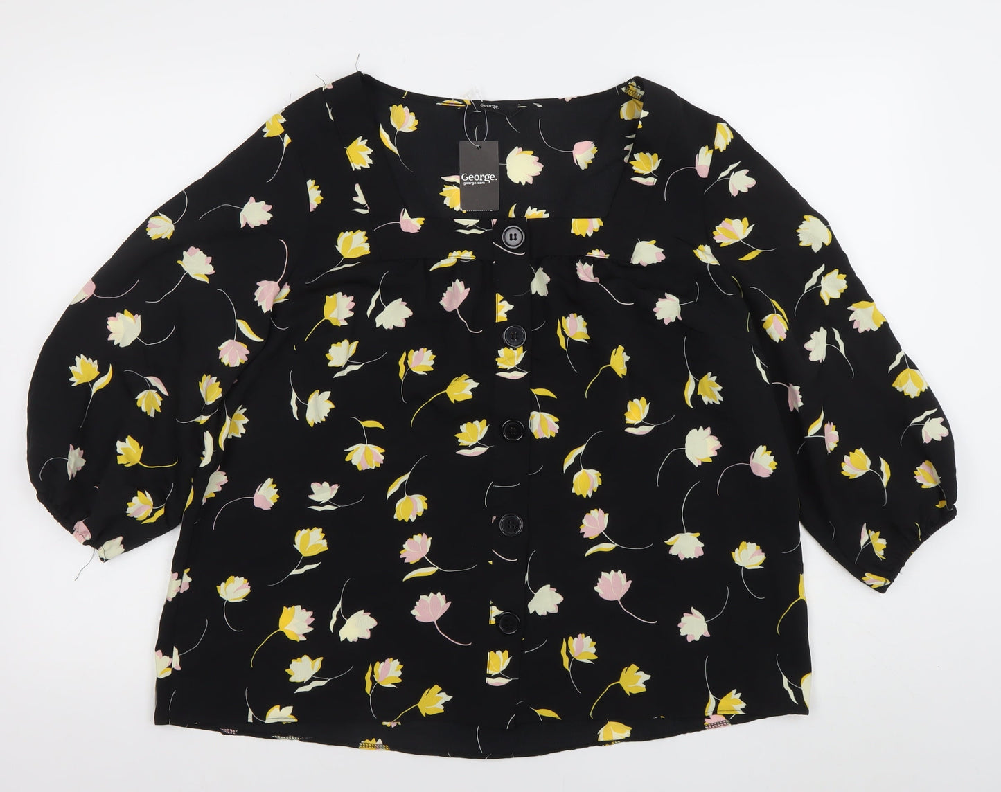 George Women’s Black Floral Blouse Size 16 Puff Sleeve Tunic