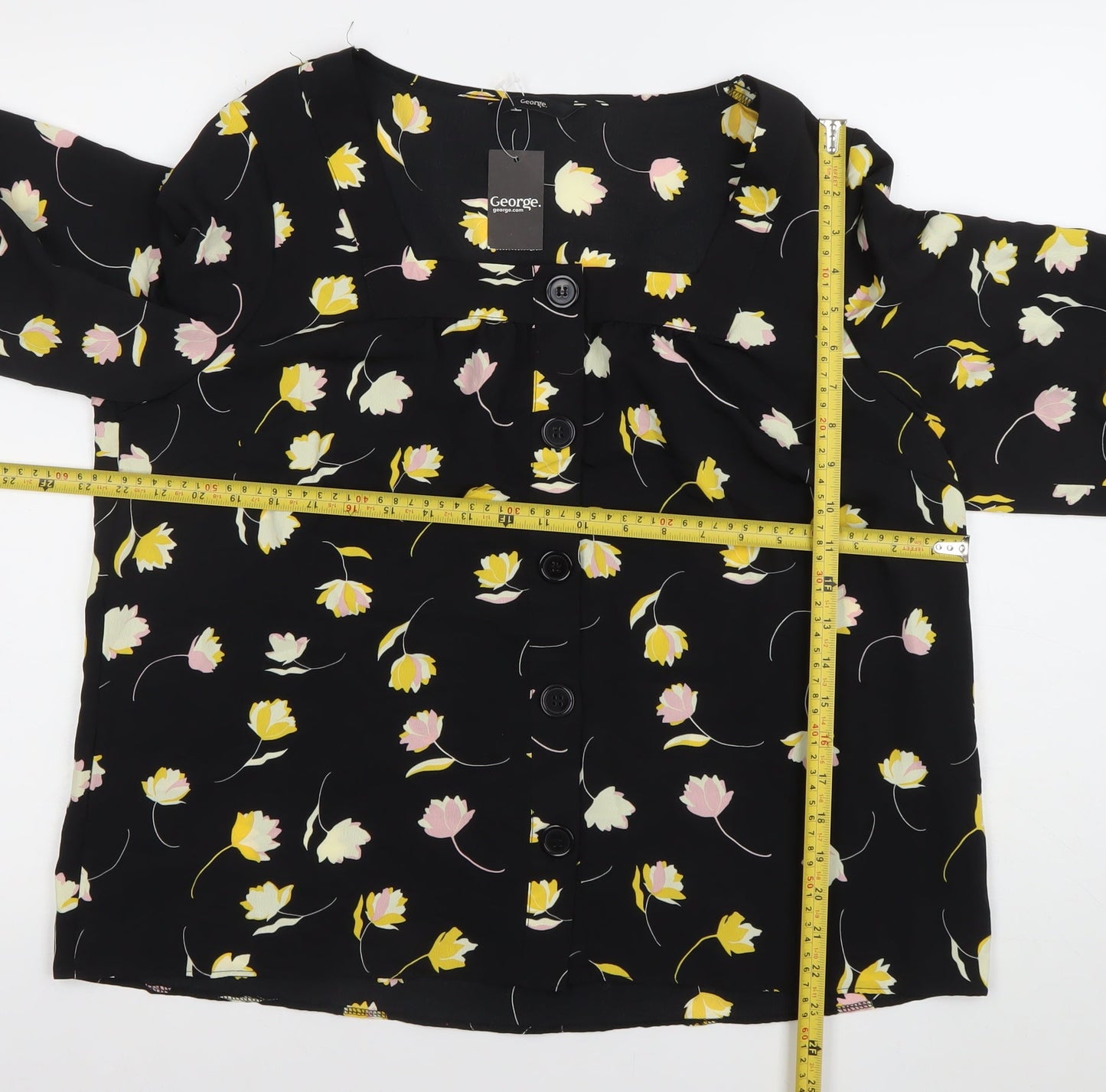 George Women’s Black Floral Blouse Size 16 Puff Sleeve Tunic