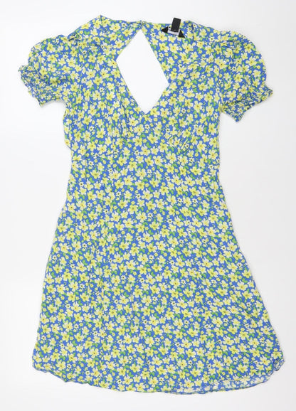 New Look Women's Blue Floral Puff Sleeve Wrap Dress Size 8
