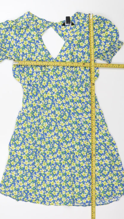 New Look Women's Blue Floral Puff Sleeve Wrap Dress Size 8