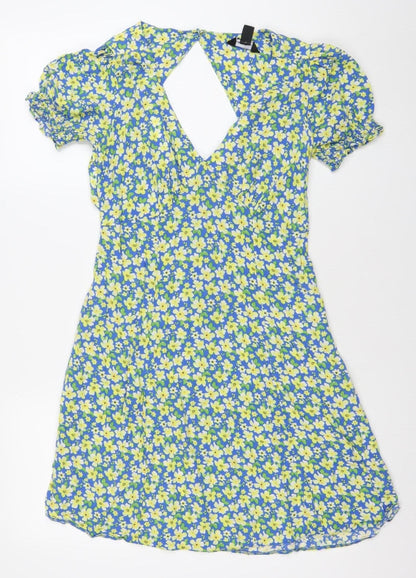 New Look Women's Blue Floral Puff Sleeve Wrap Dress Size 8