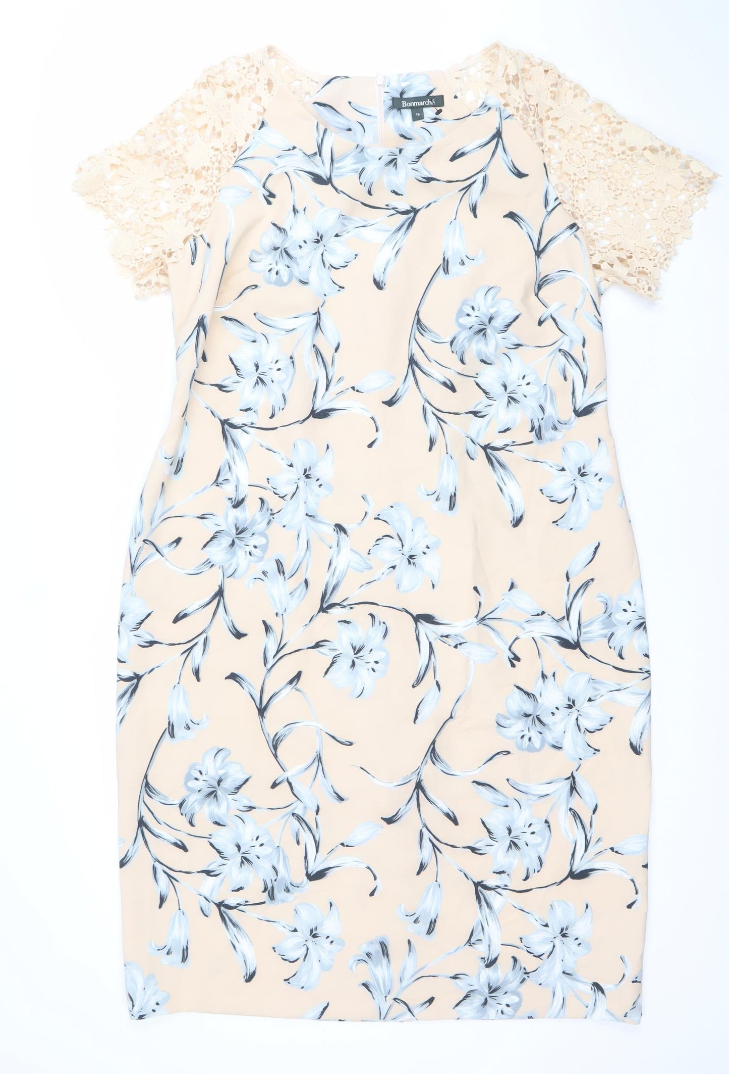 Bonmarche Women’s Beige Blue Floral Lace Knee Length Sheath Dress Size 18