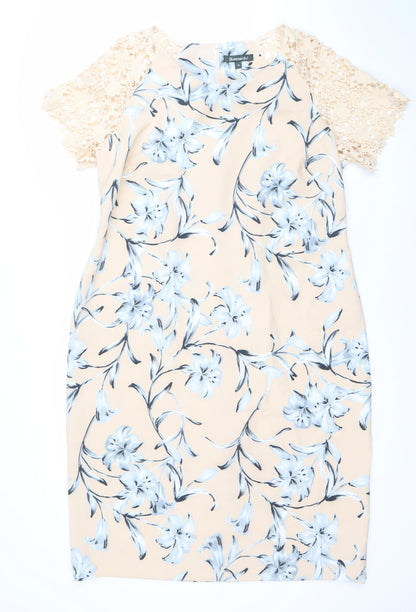 Bonmarche Women’s Beige Blue Floral Lace Knee Length Sheath Dress Size 18