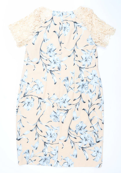 Bonmarche Women’s Beige Blue Floral Lace Knee Length Sheath Dress Size 18