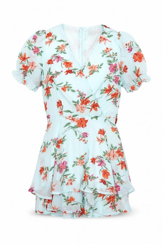 Quiz Women’s Multicoloured Floral V-Neck Puff Sleeve Playsuit Size 6