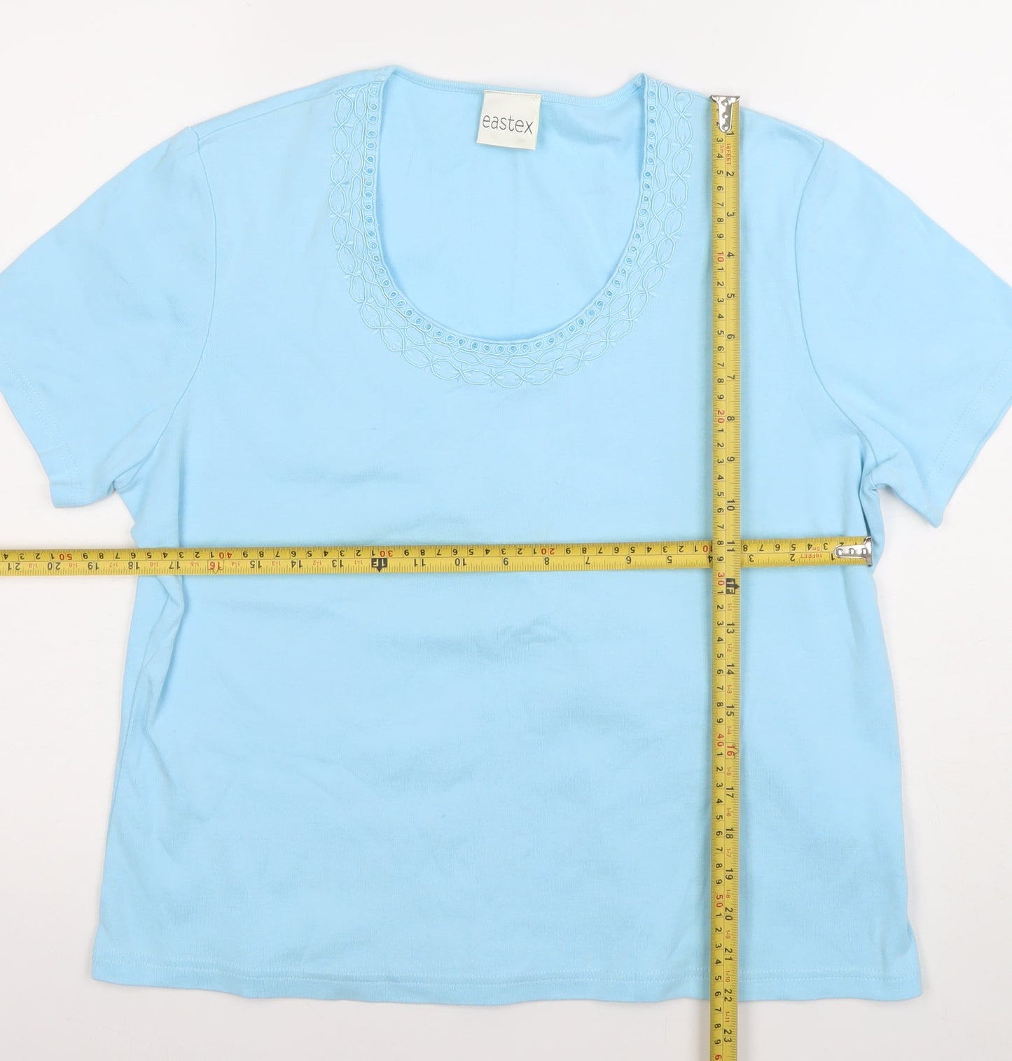 Eastex Women’s Blue Cotton Embroidered Scoop Neck T-Shirt UK 16