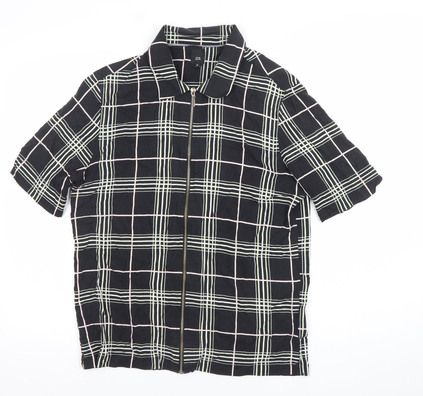 River Island Men’s Black Check Collared Short Sleeve Zip Shirt M