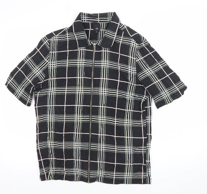 River Island Men’s Black Check Collared Short Sleeve Zip Shirt M