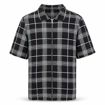 River Island Men’s Black Check Collared Short Sleeve Zip Shirt M