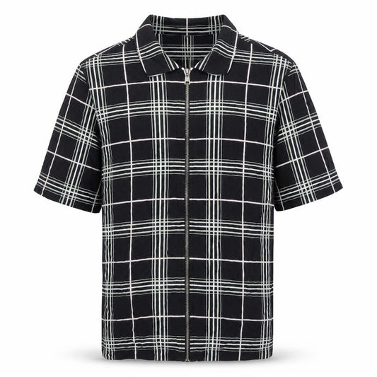 River Island Men’s Black Check Collared Short Sleeve Zip Shirt M