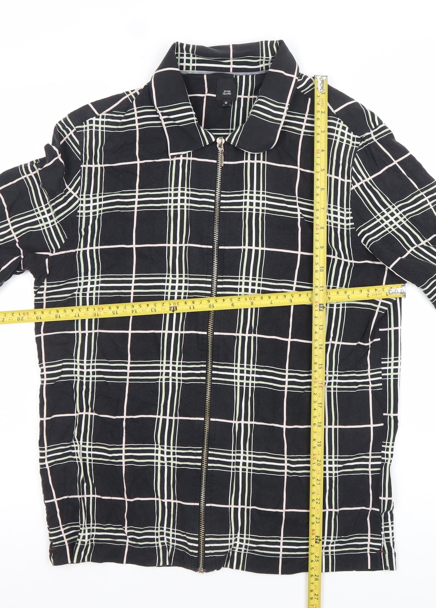 River Island Men’s Black Check Collared Short Sleeve Zip Shirt M