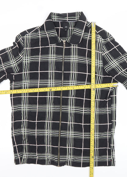 River Island Men’s Black Check Collared Short Sleeve Zip Shirt M