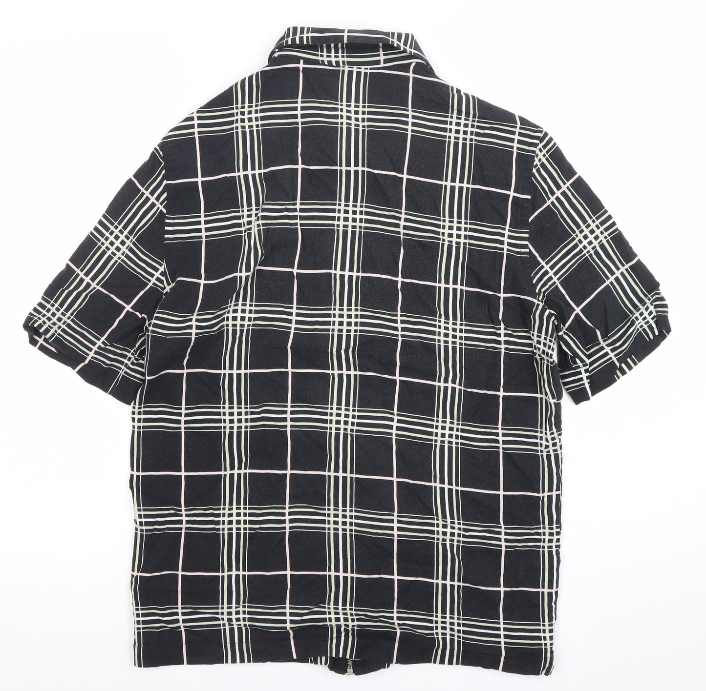 River Island Men’s Black Check Collared Short Sleeve Zip Shirt M