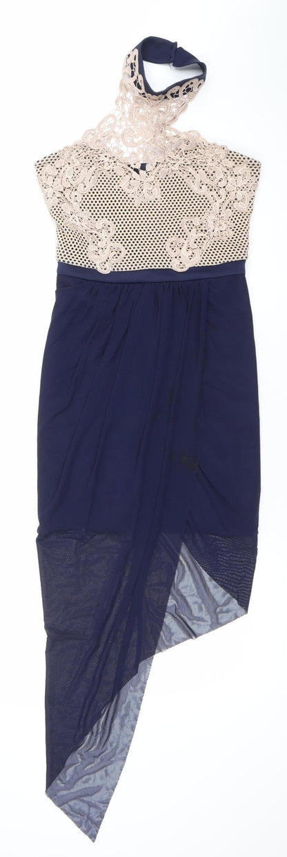 MKE Women’s Blue Beige Lace Halter Bodycon Midi Dress S