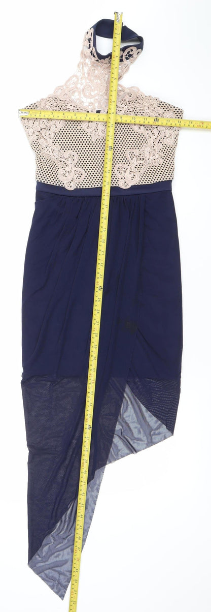 MKE Women’s Blue Beige Lace Halter Bodycon Midi Dress S