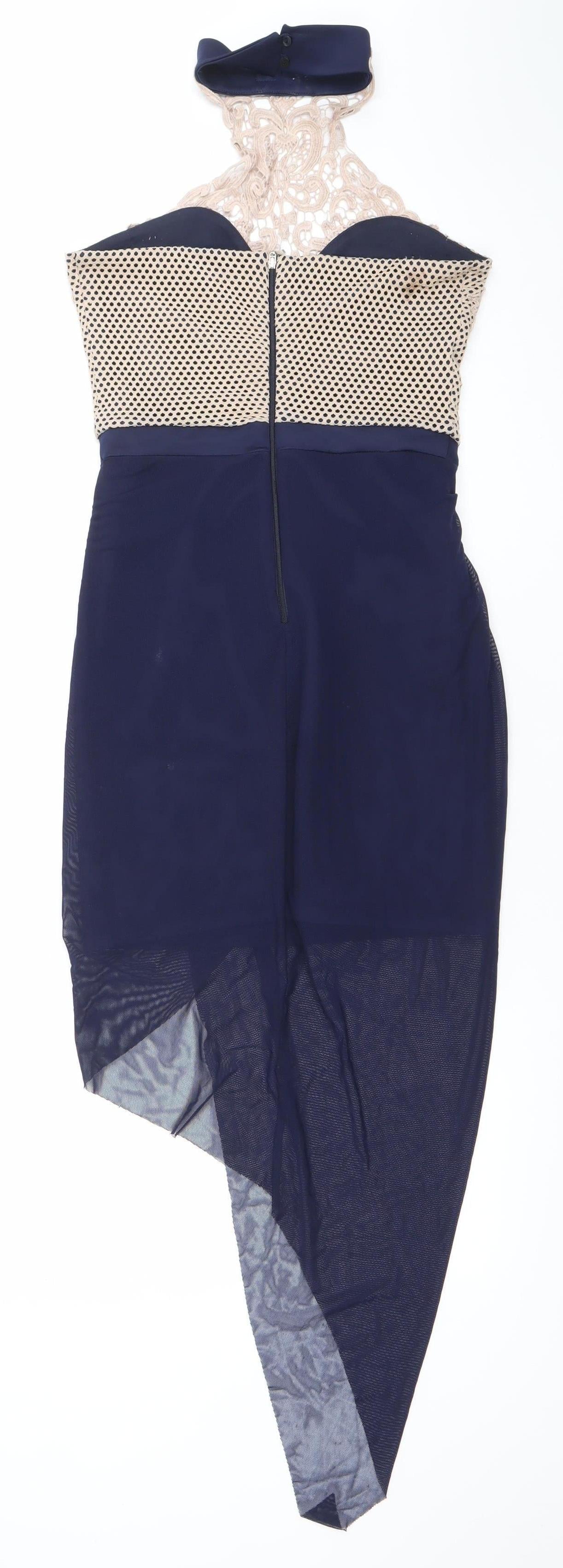 MKE Women’s Blue Beige Lace Halter Bodycon Midi Dress S
