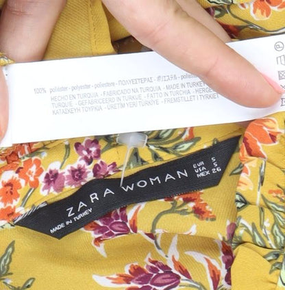 Zara Women Yellow Floral Kimono Blouse Size 8 Tunic Style