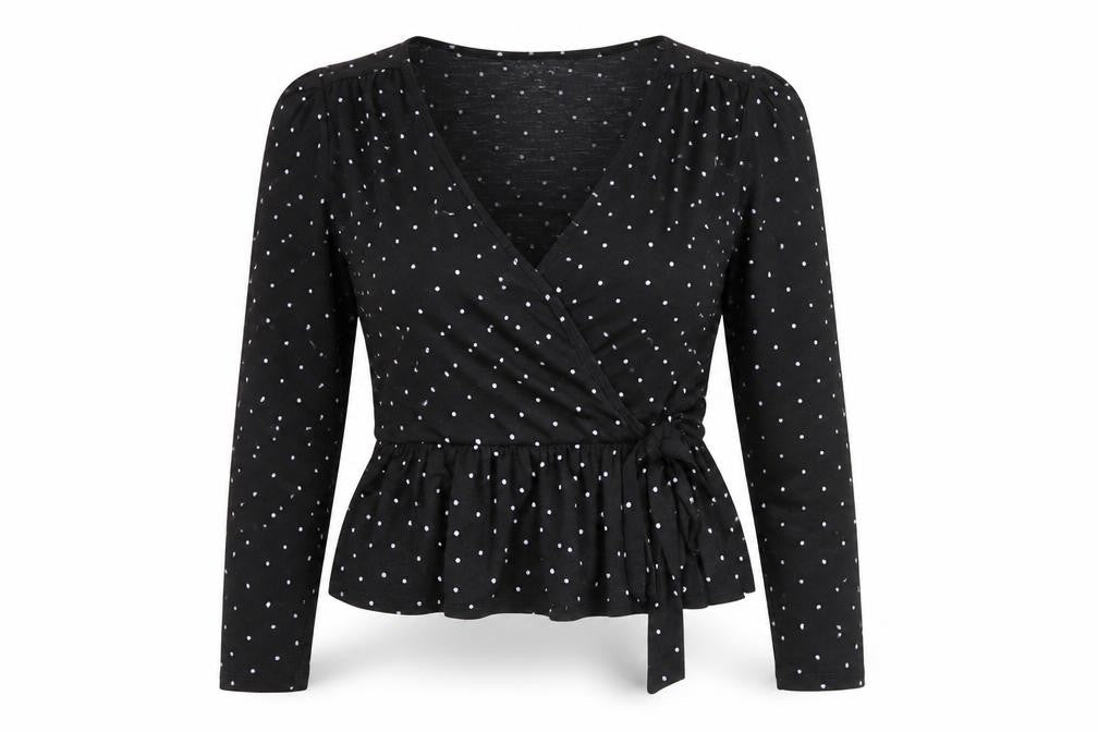 Front view of Miss Selfridge women’s black polka dot wrap blouse, size UK 10