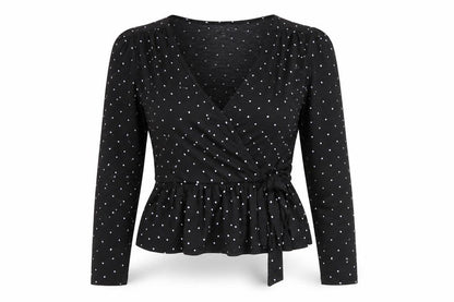 Front view of Miss Selfridge women’s black polka dot wrap blouse, size UK 10