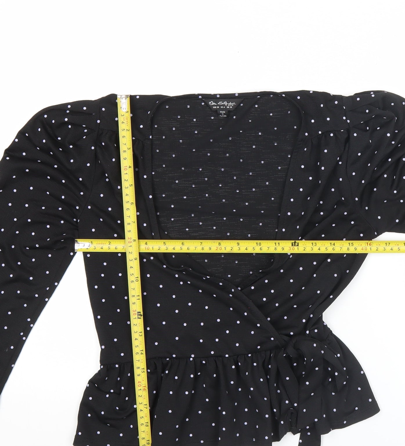 Miss Selfridge Womens Black Polka Dot Wrap Blouse Size 10