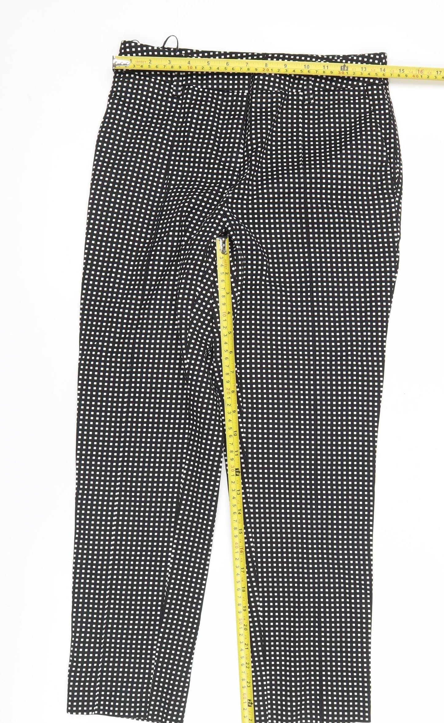 Next Womens Black Slim Fit Check Trousers Size 8L Cotton Blend