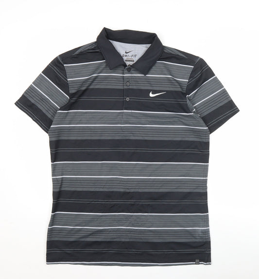 Nike Men's Black Striped Polo Shirt M Dri-Fit Golf Activewear