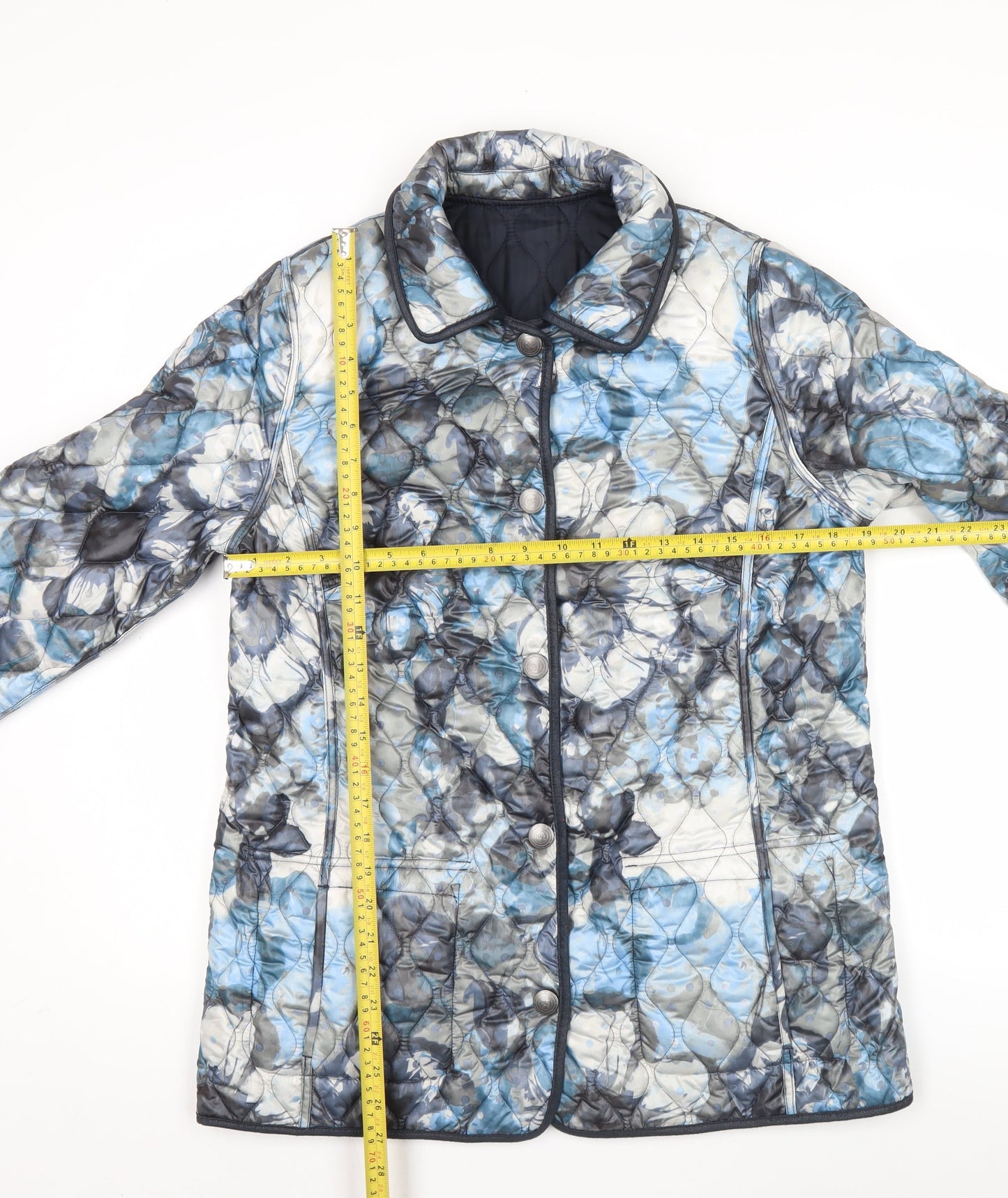 Barbara Lebek Womens Blue Floral Quilted Jacket Size 14