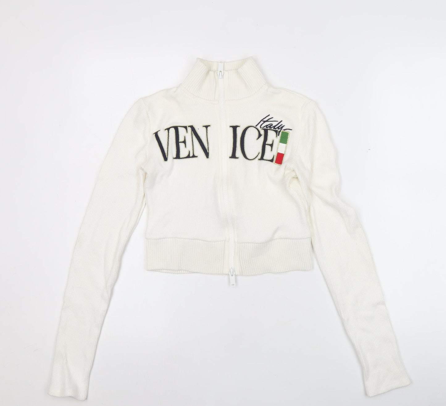 Bershka Women’s White Full Zip Venice Italy Jumper Size S
