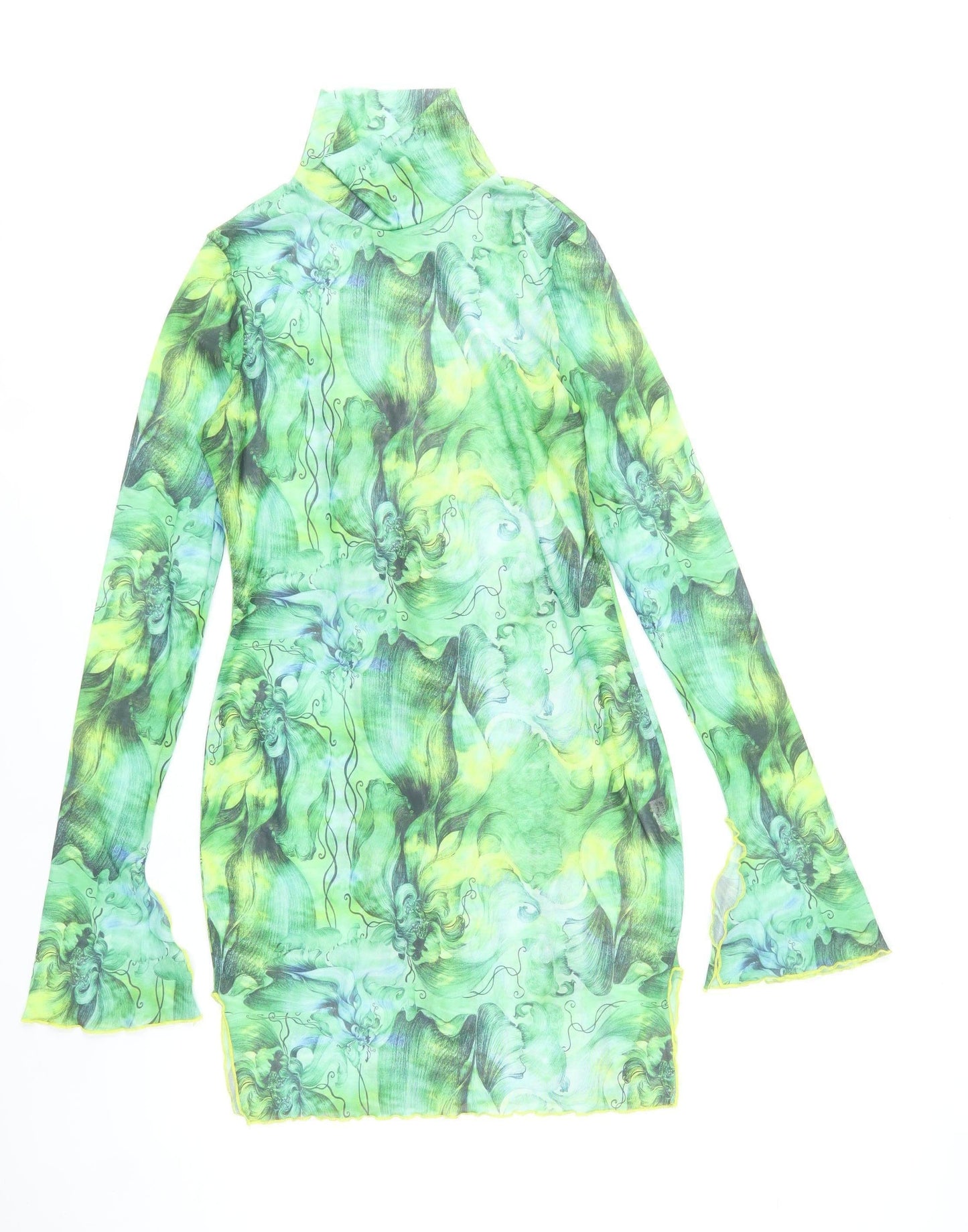 Shein Women Green Floral Bodycon Mini Dress Size 14 Roll Neck Long Sleeve