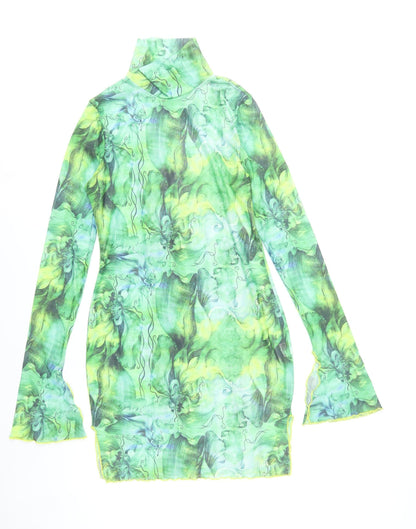 Shein Women Green Floral Bodycon Mini Dress Size 14 Roll Neck Long Sleeve