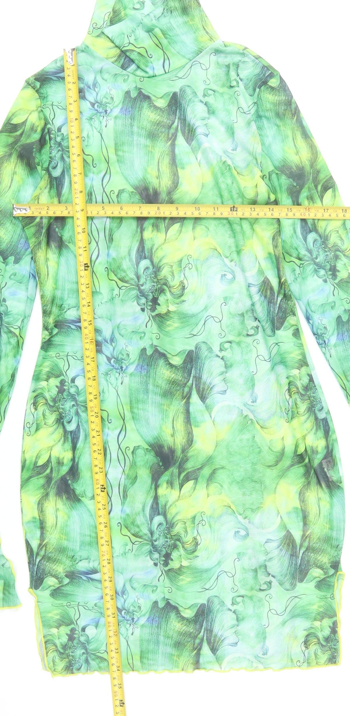 Shein Women Green Floral Bodycon Mini Dress Size 14 Roll Neck Long Sleeve