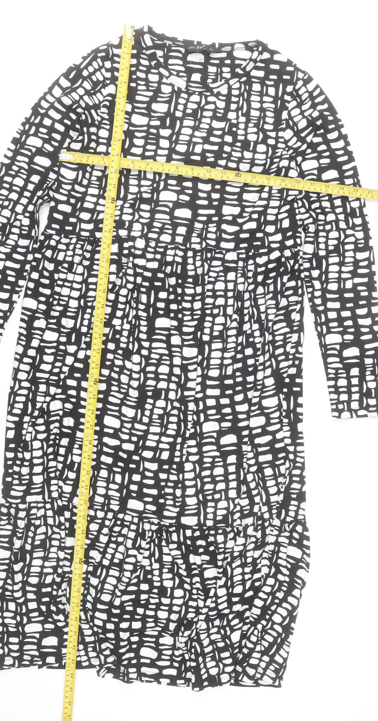F&F Women’s Black White Midi Shift Dress Size 12 Long Sleeve Geometric